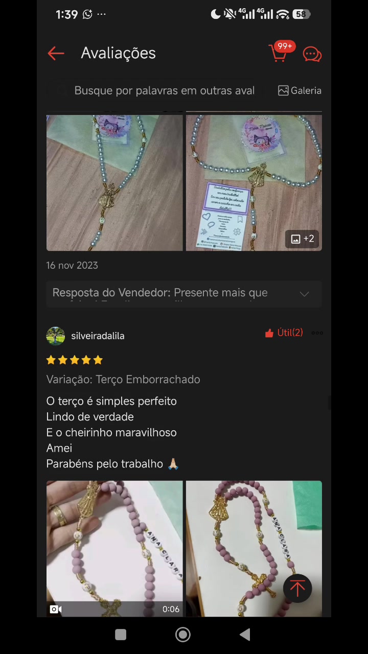 Comentário elogiando atendimento e qualidade dos terços