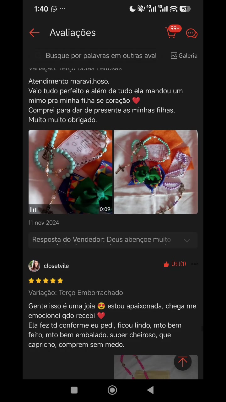 Comentário recomendando os terços para presentes